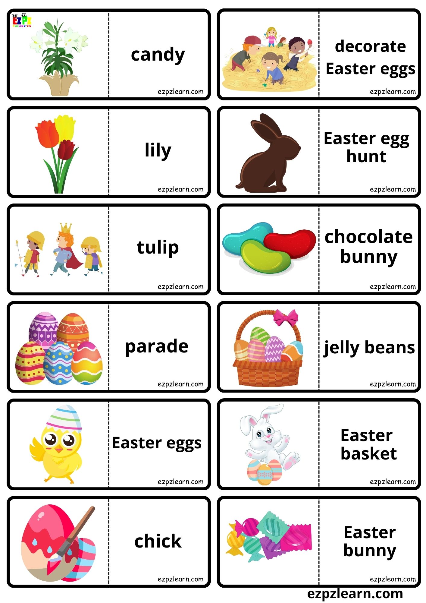 Easter Holiday Vocabulary Dominoes Matching Game for Kids and English Language Learners Free PDF Download